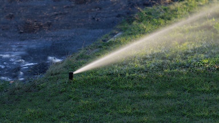 Lawn sprinkler irrigation system watering green grass