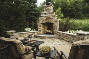 Fire feature fireplace with patio furniture
