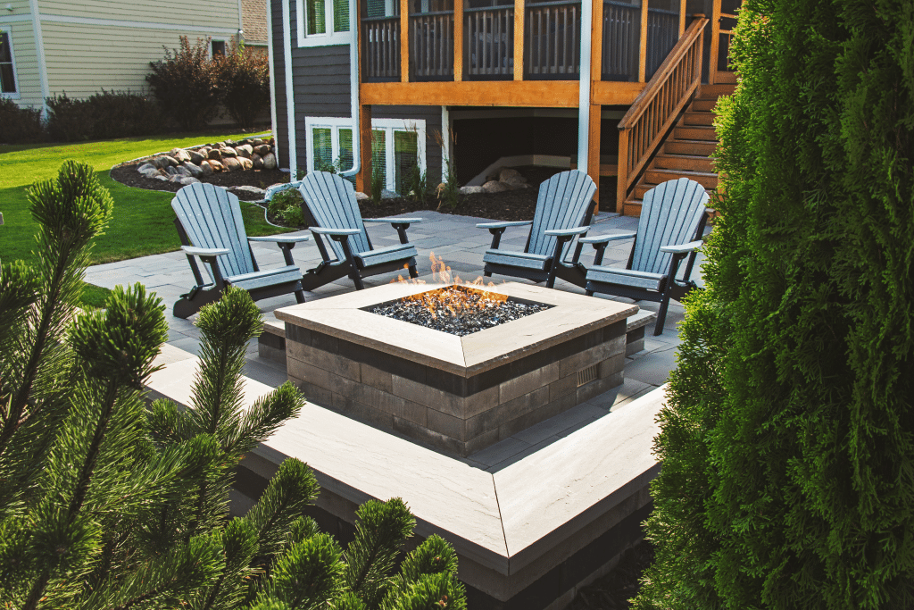 Backyard paver patio, fire pit retaining wall